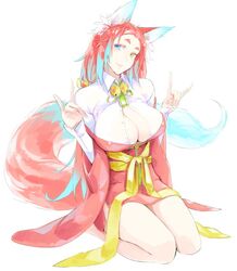  animal_ears bell blue_hair breasts cleavage closed_mouth female heterochromia huge_breasts long_hair mila_(yuta27315) multicolored_hair original red_hair red_thighhighs sitting solo tail thighhighs two-tone_hair 