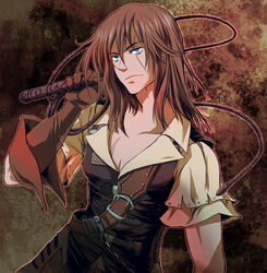  1boy bad_id bad_pixiv_id belt blue_eyes brown_background brown_hair castlevania:_curse_of_darkness castlevania_(series) castlevania_iii:_dracula&#039;s_curse gloves long_hair male_focus scar shirt trevor_c._belmont tsunajiru whip 