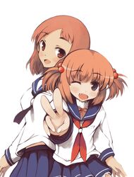  2girls bad_id bad_pixiv_id blush brown_hair hair_bobbles hair_ornament kataoka_yuuki kiyosumi_school_uniform multiple_girls oimu_(ununsan) one_eye_closed ribbon saki_(manga) school_uniform serafuku short_hair takei_hisa two_side_up v 