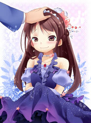  bare_shoulders blush brooch brown_eyes brown_hair choker clothes_lift collarbone commentary_request dress dress_lift elbow_gloves female gloves hair_ornament half_updo headpat idolmaster idolmaster_cinderella_girls jewelry md5_mismatch out_of_frame solo_focus star_(symbol) suzune_kotora tachibana_arisu wavy_mouth 