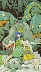  bed blue_hair book creepy crown dress frown glass highres leaning monster outstretched_hand perspective pillow remote teddy_bear tray 