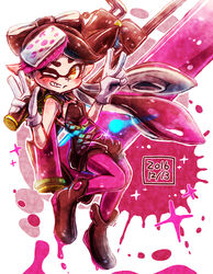  +_+ ankle_boots bad_id bad_pixiv_id black_footwear black_jumpsuit boots brown_eyes callie_(splatoon) dated detached_collar double_v earrings female food food_on_head full_body gloves grin harutarou_(orion_3boshi) hero_roller_(splatoon) highres holding holding_weapon ink_tank_(splatoon) inkling jewelry jumpsuit long_hair looking_at_viewer mole mole_under_eye object_on_head one_eye_closed paint_splatter pantyhose pointy_ears purple_pantyhose short_jumpsuit smile solo splatoon_(series) splatoon_1 standing standing_on_one_leg strapless tentacle_hair v weapon white_gloves 