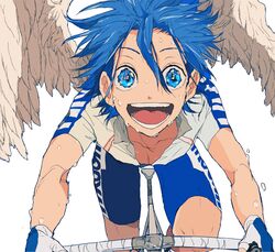  1boy :d angel_wings bad_id bad_pixiv_id bicycle bike_shorts blue_eyes blue_hair cycling_uniform male_focus manami_sangaku open_clothes open_mouth open_shirt shirt smile solo sweat white_background wings yowamushi_pedal yuzumisuzu 