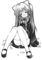  aloe_(quiz_magic_academy) animal_ears blush commentary_request female greyscale highres knees_together_feet_apart long_hair monochrome open_mouth photoshop_(medium) quiz_magic_academy senomoto_hisashi sitting smile solo thighhighs 