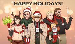  5boys amputee antlers big_boss bikini christmas cigar closed_eyes commentary_request cup diamond_dog doll eli_(metal_gear) eyepatch female hands_on_another&#039;s_shoulders happy hat headpat horns kazuhira_miller metal_gear_(series) metal_gear_solid_v:_the_phantom_pain mug multiple_boys nagi_(siki2n) pantyhose photoshop_(medium) quiet_(metal_gear) reindeer_antlers revolver_ocelot santa_bikini santa_hat smile spoilers swimsuit torn_clothes torn_pantyhose venom_snake 