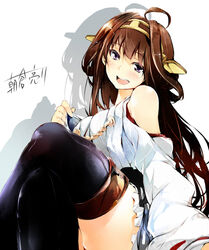  :d asakura_ryousuke bare_shoulders black_thighhighs blouse brown_hair commentary_request crossed_legs detached_sleeves double_bun female hair_bun hair_ornament hairband headgear japanese_clothes kantai_collection kongou_(kancolle) long_hair nontraditional_miko open_mouth shadow shirt sitting skirt smile solo thighhighs 