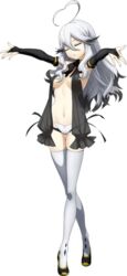  ahoge black_hair blazblue bow bowtie breasts choker closed_eyes detached_sleeves female frills full_body higuchi_konomi kneehighs lingerie long_hair medium_breasts multicolored_hair nobody_(xblaze) outstretched_arms panties socks solo transparent_background two-tone_hair underwear white_hair white_socks xblaze xblaze_lost:_memories 