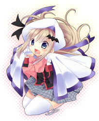  bat_hair_ornament blonde_hair blush bow cape commentary_request female hair_ornament hat little_busters! long_hair noumi_kudryavka oerba_yun_fang photoshop_(medium) pink_bow plaid plaid_skirt school_uniform skirt suzune_kotora thighhighs 