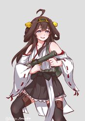  :d ahoge aiming bad_id bad_twitter_id bare_shoulders black_skirt black_thighhighs blue_eyes blush boots brown_hair commentary disco_brando dress female flamethrower frilled_skirt frills grey_background gun headgear highres holding holding_gun holding_weapon japanese_clothes jesus_revenge_(meme) kantai_collection kongou_(kancolle) legs_apart long_hair long_sleeves looking_afar looking_away meme nontraditional_miko open_mouth pleated_skirt sash simple_background skirt smile solo symbol-only_commentary thigh_boots thighhighs twitter_username weapon white_dress wide_sleeves 