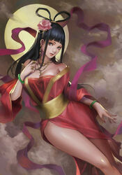  bangle bare_shoulders black_eyes black_hair blunt_bangs bracelet breasts chang&#039;e chinese_clothes chinese_commentary commentary earrings female full_moon hagoromo hair_rings hanfu jewelry long_hair looking_at_viewer medium_breasts moon original parted_lips phamoz photoshop_(medium) shawl solo thighs 