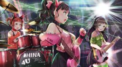  3girls :d anger_vein animal_ears band bass_guitar black_skirt breasts brown_eyes brown_hair cat_ears character_name choker collarbone commentary_request cross cross_necklace demon_horns drum drum_set drumsticks earrings electric_guitar fake_animal_ears fake_horns fingerless_gloves funyariko gloves green_eyes green_legwear group_name guitar hair_bobbles hair_ornament head_tilt heart_guitar highres horns instrument jewelry kujou_ume long_hair medium_breasts multiple_girls music necklace oerba_yun_fang off-shoulder_shirt off_shoulder open_mouth orange_shirt pink_gloves playing_instrument pleated_skirt ponytail profile saeki_hina shirt short_sleeves short_twintails sitting skirt smile sparkle spotlight stage tattoo thighhighs tokyo_7th_sisters translation_request twintails wanibuchi_emoko zettai_ryouiki 