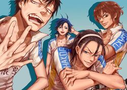  4boys :d adam&#039;s_apple ahoge aqua_background arakita_yasutomo bicycle black_hair blue_eyes blue_hair brown_eyes brown_hair clothes_writing commentary_request crossed_arms cycling_uniform hairband lips long_hair looking_at_viewer male_focus manami_sangaku multiple_boys open_clothes open_mouth scowl shinkai_hayato simple_background sitting smile sportswear toned toned_male toudou_jinpachi wavy_hair yowamushi_pedal zhangmingxigege 