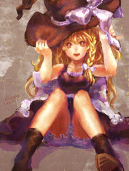  bare_shoulders blonde_hair boots bow braid commentary female flyleaf hat hat_bow kirisame_marisa photoshop_(medium) side_braid signature sitting solo touhou witch_hat 