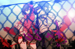  2girls aki663 black_hair black_skirt blurry blurry_background can cityscape commentary copyright_name day daze_(kagerou_project) drawing_on_fourth_wall feet_out_of_frame fence from_side green_hair hair_ornament hairclip highres holding holding_can holding_paint_roller hood hood_down hood_up hoodie jacket kagerou_project kido_tsubomi long_hair looking_at_viewer looking_down motion_blur multicolored_clothes multicolored_jacket multiple_girls outdoors paint paint_can paint_roller pleated_skirt purple_jacket red_eyes red_jacket skirt spray_can spray_paint tateyama_ayano two-tone_jacket white_jacket wind zipper 