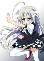  ahoge apron checkered commentary_request cosplay dress female fighting_stance green_eyes grey_hair haiyore!_nyaruko-san henshin_pose izumi_konata long_hair lucky_star mole mole_under_eye nyarlathotep_(nyaruko-san) nyarlathotep_(nyaruko-san)_(cosplay) revision solo standing thighhighs tyke 