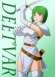  armor belt character_name commentary_request dithorba_(fire_emblem) dress earrings elbow_gloves female fire_emblem fire_emblem:_genealogy_of_the_holy_war gloves green_eyes green_hair jewelry photoshop_(medium) rakusai_(saisai_garou) scabbard sheath short_dress short_hair side_slit smile solo sword thighhighs weapon 