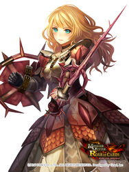  armor blonde_hair blush commentary_request copyright_name female gauntlets green_eyes highres left-handed long_hair monster_hunter_(character) monster_hunter_(series) pink_rathian_(armor) rathian_(armor) shield shoulder_pads solo spikes sword terai_(teraimorimori) weapon 