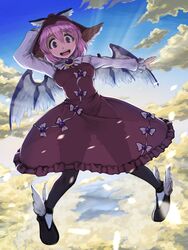  animal_ears black_pantyhose blush commentary_request female hat highres looking_at_viewer mystia_lorelei open_mouth outdoors pantyhose purple_eyes purple_hair see-through_silhouette short_hair smile solo touhou wings you_naka 