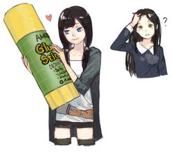  2girls ? black_hair blue_eyes commentary_request dicorndl glue_stick green_eyes heart highres long_hair multiple_girls original oversized_object photoshop_(medium) shorts simple_background skirt smile thighhighs twintails white_background 