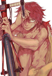  1boy bandage_on_face bandages bicycle bike_shorts bruise commentary_request eyes_visible_through_hair injury jacket jacket_on_shoulders legs_folded looking_at_viewer male_focus naruko_shoukichi navel oerba_yun_fang red_eyes red_hair sitting solo sportswear sweat toned toned_male topless_male white_background yowamushi_pedal zhangmingxigege 