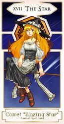  blonde_hair boots braid brown_eyes card commentary_request corset dress english_text female hat high_heels highres kirisame_marisa long_hair mini-hakkero night night_sky puffy_sleeves roman_numeral shibe362 shoes shooting_star single_braid sitting sky solo star_(sky) starry_sky tarot tarot_(medium) the_star_(tarot) touhou witch_hat 