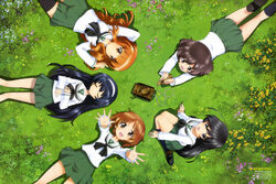  5girls :d absurdres ahoge akiyama_yukari black_eyes black_hair black_socks black_thighhighs blouse blunt_bangs brown_eyes brown_hair circle_formation closed_eyes flower from_above girls_und_panzer grass green_skirt hairband highres imageboard_desourced isuzu_hana kneehighs kneeling legs loafers long_hair long_sleeves looking_at_viewer lying messy_hair miniskirt multiple_girls neckerchief newtype nishizumi_miho non-web_source official_art on_back on_stomach ooarai_school_uniform open_mouth orange_eyes orange_hair outdoors outstretched_arms outstretched_hand pleated_skirt reizei_mako scan school_uniform serafuku shirt shoes short_hair skirt smile socks sugimoto_isao takebe_saori thighhighs toy_tank white_shirt zettai_ryouiki 