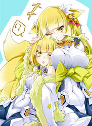  2girls animal_ears bell blonde_hair bodysuit breasts commentary_request fox_ears fox_tail kodama_yuu komahime kyoukaisenjou_no_horizon large_breasts long_hair medium_breasts mogami_yoshiaki_(horizon) mother_and_daughter multiple_girls one_eye_closed pantyhose photoshop_(medium) short_hair tail yellow_eyes 