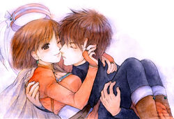  1boy atelier_(series) atelier_elie brown_eyes brown_hair cape carrying closed_eyes commentary_request couple dagllas_mcrain earrings elfir_traum female hat imminent_kiss jewelry mitsuha_koharu orange_hat orange_shirt painting_(medium) pantyhose princess_carry shirt short_hair smile straight traditional_media very_short_hair watercolor_(medium) 