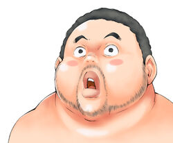  1boy amano_ameno bakuman beard black_eyes black_hair blush_stickers commentary_request facial_hair fat fat_man lips male_focus nakai_takurou open_mouth photoshop_(medium) simple_background solo upper_body white_background wide-eyed 