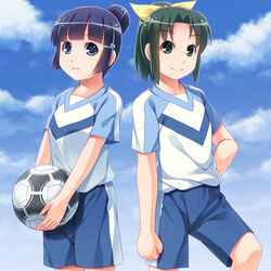  2girls alternate_hairstyle aoki_reika ball blue_eyes blue_hair cloud commentary_request day green_eyes green_hair looking_at_viewer midorikawa_nao multiple_girls photoshop_(medium) ponytail precure sayousuke short_hair shorts sky smile smile_precure soccer_ball soccer_uniform sportswear tango_(soccer_ball) 