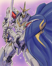  cape commentary mecha no_humans purple_background robot s.shimizu scherazade sword tenkuu_no_escaflowne weapon 