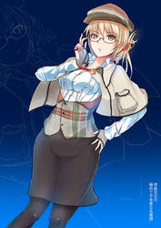  aged_up black_pantyhose blonde_hair breasts cabbie_hat capelet cleavage commentary cover female fingerless_gloves glasses gloves gun hair_ornament hat highres ikkyuu_tensai looking_at_viewer medium_breasts open_mouth orange_eyes pantyhose pencil_skirt photoshop_(medium) ponytail ryuugajou_nanana_no_maizoukin skirt solo swordwaltz weapon 