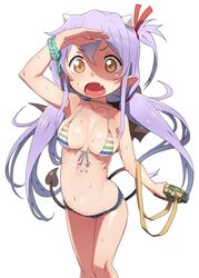  bad_id bad_twitter_id bat_wings bikini bikini_top_only bottle breasts cutoffs demon_girl demon_tail female hair_ribbon horns jpeg_artifacts long_hair medium_breasts multicolored_stripes oerba_yun_fang one_side_up open_mouth purple_hair ribbon sengoku_collection short_shorts shorts simple_background solo striped_bikini striped_clothes swimsuit tail tenchisouha tsukahara_bokuden_(sengoku_collection) white_background wings yellow_eyes 