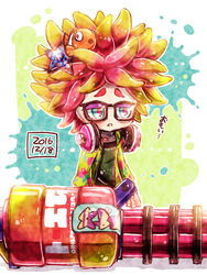  annie_(splatoon) bad_id bad_pixiv_id black_dress blue_eyes clownfish dated dress eyeshadow female fish glasses green_jacket hair_ornament harutarou_(orion_3boshi) headphones headphones_around_neck heavy_splatling_(splatoon) hood hoodie inkling_(language) jacket long_sleeves makeup moe_(splatoon) open_clothes open_jacket paint_splatter parted_lips pink_hair short_hair splatoon_(series) splatoon_1 standing star_(symbol) star_hair_ornament tentacle_hair translated tropical_fish weapon 