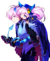  1boy ascot bad_id bad_pixiv_id badge belt blue_eyes blue_hair blush_stickers button_badge carrying chiliarch_(elsword) ciel_(elsword) collared_shirt demon_tail dreadlord_(elsword) elsword fang_out female hair_ornament hairclip hood jacket long_hair luciela_r._sourcream mellchi multicolored_hair oerba_yun_fang pantyhose piggyback shirt smiley_face striped_clothes striped_pantyhose symbol-shaped_pupils tail twintails two-tone_hair vest white_background white_hair 