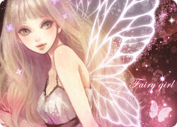  blonde_hair blue_eyes commentary_request copyright_request dress fairy fairy_wings female flower hair_flower hair_ornament lips long_hair miya_(akatabi_dante) revision solo upper_body wings 