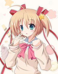  blonde_hair bow commentary_request female green_eyes highres kamikita_komari little_busters! photoshop_(medium) pink_bow rayhwang ribbon school_uniform short_hair twintails 