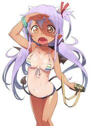  bad_id bad_twitter_id bat_wings bikini bikini_top_only bottle breasts cutoffs demon_girl demon_tail female hair_ribbon horns jpeg_artifacts long_hair medium_breasts multicolored_stripes oerba_yun_fang one-piece_tan one_side_up open_mouth purple_hair ribbon sengoku_collection short_shorts shorts simple_background solo striped_bikini striped_clothes swimsuit tail tan tanlines tenchisouha tsukahara_bokuden_(sengoku_collection) white_background wings yellow_eyes 