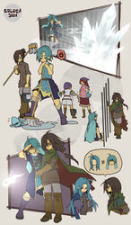  2girls 3boys alex_(golden_sun) bad_id bad_pixiv_id bare_shoulders cape cloak crystal felix_(golden_sun) golden_sun grey_background hanpen_(sima00sima) highres ice jenna_(golden_sun) light long_hair magic multiple_boys multiple_girls piers_(golden_sun) sheba_(golden_sun) simple_background tunic very_long_hair 