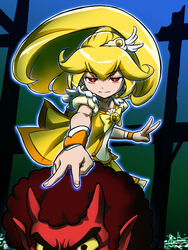  1boy akaooni blonde_hair bow bowtie brooch choker colored_sclera colored_skin commentary_request cure_peace darker_than_black double_v expressionless female glowing glowing_eyes hair_flaps hajime_(caramel_toone) horns jewelry long_hair magical_girl parody power_connection precure red_eyes red_skin smile_precure v yayoi_kise yellow_bow yellow_sclera 