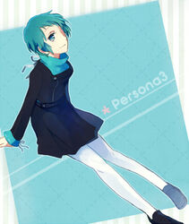  aqua_eyes aqua_hair commentary_request female lowres mentaishi pantyhose persona persona_3 school_uniform short_hair smile solo white_pantyhose yamagishi_fuuka 