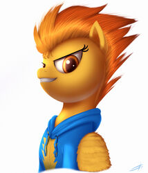  2016 amber_eyes better_version_at_source clothed clothing equid equine feathered_wings feathers female feral friendship_is_magic fur grin hair hasbro hi_res jeki looking_at_viewer mammal my_little_pony mythological_creature mythological_equine mythology orange_body orange_feathers orange_fur orange_hair pegasus simple_background smile solo spitfire_(mlp) white_background wings wonderbolts_(mlp) 