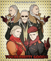  5boys age_progression beard beret blonde_hair catchphrase coat commentary_request facial_hair finger_gun fingerless_gloves formal gloves grey_hair happy_birthday hat liquid_ocelot looking_at_viewer male_focus metal_gear_(series) metal_gear_solid metal_gear_solid_2:_sons_of_liberty metal_gear_solid_3:_snake_eater metal_gear_solid_4:_guns_of_the_patriots metal_gear_solid_v:_the_phantom_pain military military_uniform moustache multiple_boys multiple_persona nagi_(siki2n) photoshop_(medium) revolver_ocelot scarf smile suit sunglasses uniform you&#039;re_pretty_good 