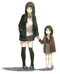  2girls black_hair black_legwear brown_eyes commentary dicorndl dress full_body green_eyes highres holding_hands jacket long_hair multiple_girls original photoshop_(medium) shoes simple_background skirt sneakers symbol-only_commentary thighhighs twintails white_background 