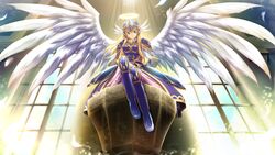  angel angel_wings armor blonde_hair blue_eyes dress female from_below game_cg halo helmet kamidori_alchemy_meister light long_hair melodiana pedestal sitting solo valkyrie wall window wings yakuri yano_mitsuki_(nanairo) 