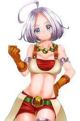  absurdres ahoge armlet bad_id bad_pixiv_id belt blue_eyes brown_gloves clenched_hand cowboy_shot crop_top dragon_quest dragon_quest_x female gloves hand_on_own_hip highres jewelry midriff navel necklace red_shorts riin_(dq10) short_hair shorts silver_hair smile solo standing white_background yupiteru 