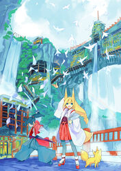  animal_ears architecture arm_up bird black_hair blonde_hair blue_eyes bride cliff east_asian_architecture fantasy female fox fox_ears hakama hakama_skirt haori highres japanese_clothes katana kimono kirigami_(object) long_hair low-tied_long_hair magic miko obi open_mouth original outdoors paper red_hakama sash scabbard semidou_jun sheath skirt sky sword tree water waterfall weapon 