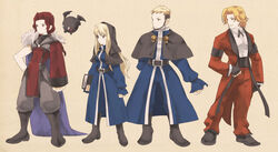  3boys beard black_hair blonde_hair boots cape capelet cassock commentary_request dual_persona facial_hair female fernandez final_fantasy final_fantasy_tactics fingerless_gloves genderswap_(mtf) gloves goatee goenitz habit johann moustache multicolored_hair multiple_boys nun parody rage_of_the_dragons roko_moko rugal_bernstein rule_63 single_sleeve snk style_parody the_king_of_fighters tuxedo two-tone_hair waku_waku_7 yoshida_akihiko_(style) 