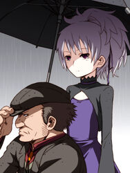  1boy black_hair caryo darker_than_black dress female hat holding huang_(darker_than_black) light_purple_hair nose ponytail purple_eyes rain shared_umbrella tabigarasu umbrella yin_(darker_than_black) 