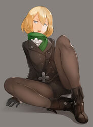  black_background black_footwear black_gloves black_pantyhose blazer blonde_hair blue_eyes boots commentary_request crotch_seam female full_body gloves green_scarf hair_between_eyes high_heels highres jacket looking_up open_mouth pantyhose princess_principal scarf short_hair simple_background sitting solo totteri zelda_(princess_principal) 